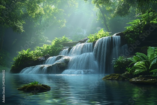 Tranquil, peaceful waterfall, cascading, clear water, lush greenery, high quality, photorealistic, hidden oasis, serene, rainforest, breathtaking, secluded