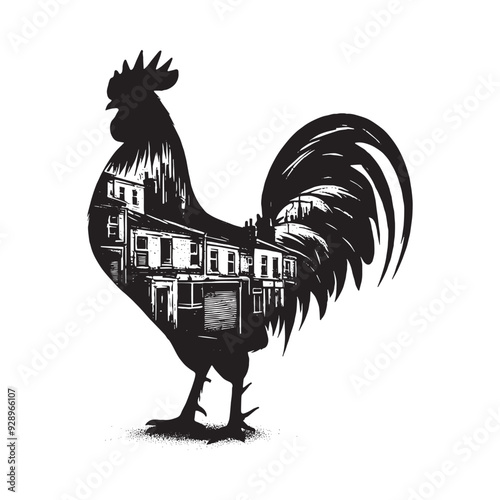 silhouette of Rooster filled with ghetto street in rough drawing