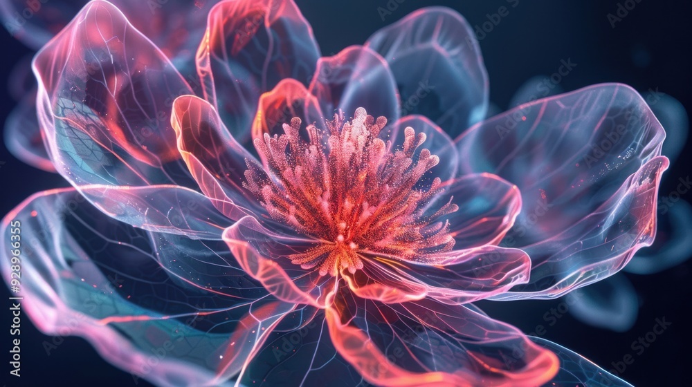 A vibrant, colorful flower with transparent petals set against a black background A vibrant, colorful flower with transparent petals set against a black background