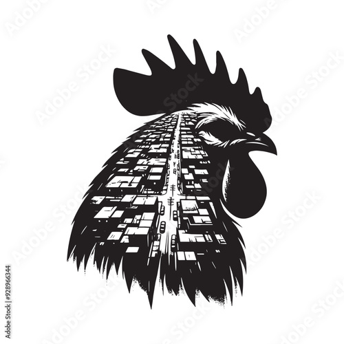 silhouette of Rooster filled with ghetto street in rough drawing