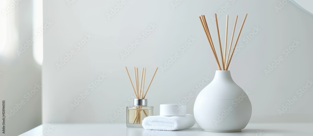 white table with office supplies, blurred background of an open space or home interior with bookshelves white table with office supplies, blurred background of an open space or home interior with bookshelves
