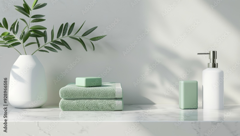 blurred background for product presentation, close up of white marble countertop with green soap and towels blurred background for product presentation, close up of white marble countertop with green soap and towels