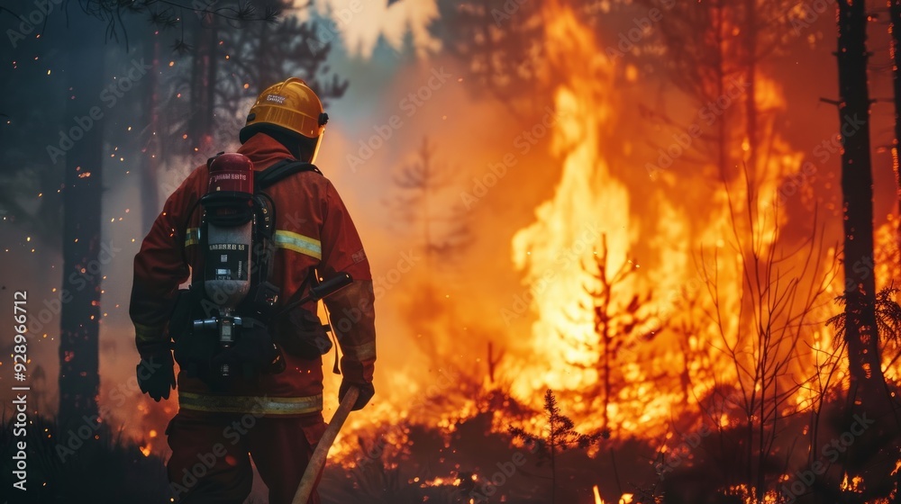 Professional Firefighter Extinguishing Large, High-Priority Part of the Forest Fire. Highly Skilled Hotshot Firemen Working on Challenging Remote Area with Flames Reaching the Treetops Professional Firefighter Extinguishing Large, High-Priority Part of the Forest Fire. Highly Skilled Hotshot Firemen Working on Challenging Remote Area with Flames Reaching the Treetops