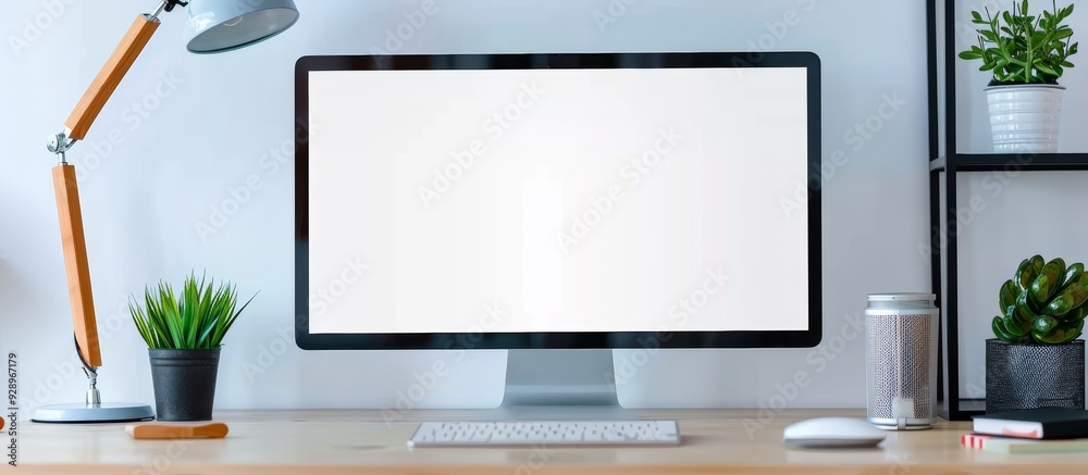 Modern computer with a blank white screen on a desk in a home office, providing copy space for text Modern computer with a blank white screen on a desk in a home office, providing copy space for text