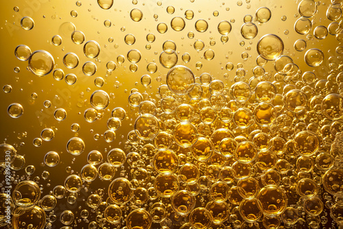 Macro shot of beer bubbles rising in a golden liquid showcasing the effervescence