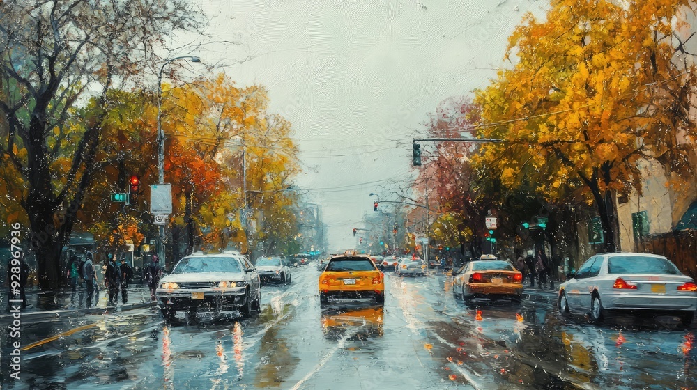 Obraz premium Autumn rain, road, cars, people view of the city center. The generation of AI