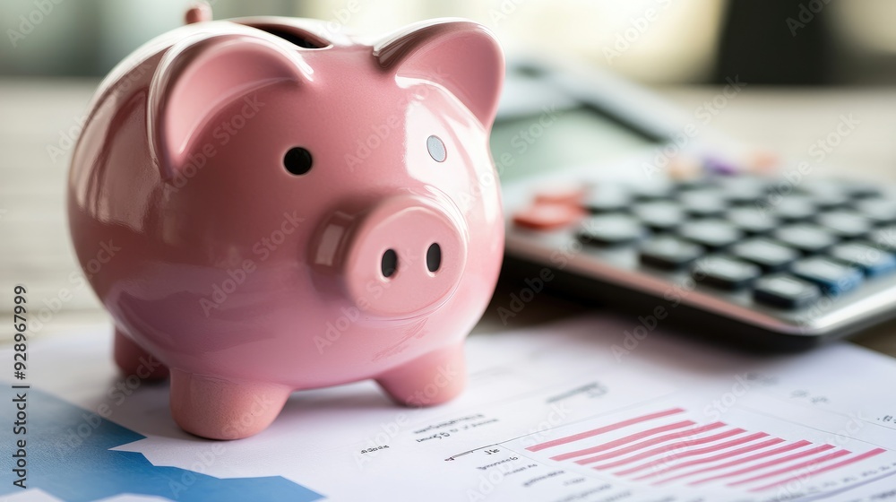 Pink piggy bank placed next to a calculator and financial documents, representing budgeting and financial planning