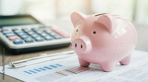 Pink piggy bank placed next to a calculator and financial documents, representing budgeting and financial planning