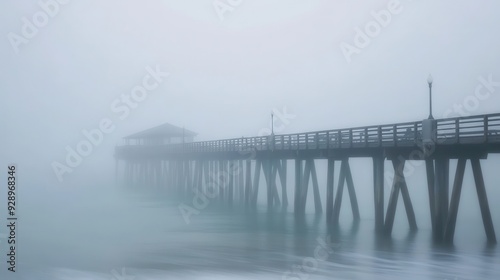 A foggy pier extending into calm waters, creating a serene and mysterious atmosphere.