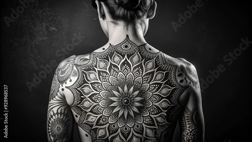 Intricate black and white mandala design covers the entire back, with delicate patterns and shapes creating a striking visual effect on the human canvas.