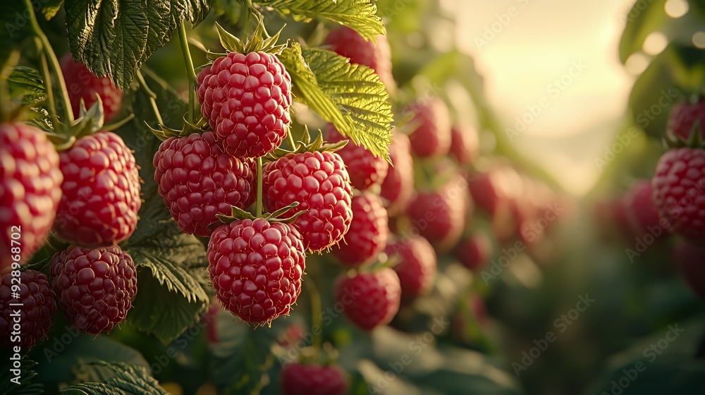 Close-up of ripe red raspberries growing on a vine with green leaves in a sunny garden. Close-up of ripe red raspberries growing on a vine with green leaves in a sunny garden.