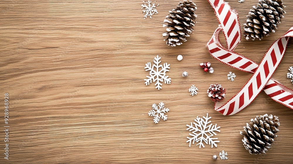 Festive decorations featuring pine cones, snowflakes, and ribbon arranged on a wooden surface for the holiday season Festive decorations featuring pine cones, snowflakes, and ribbon arranged on a wooden surface for the holiday season