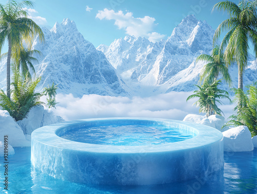 a round ice swimming pool nestled among palm trees and mountains, all bathed in a soft pink hue.