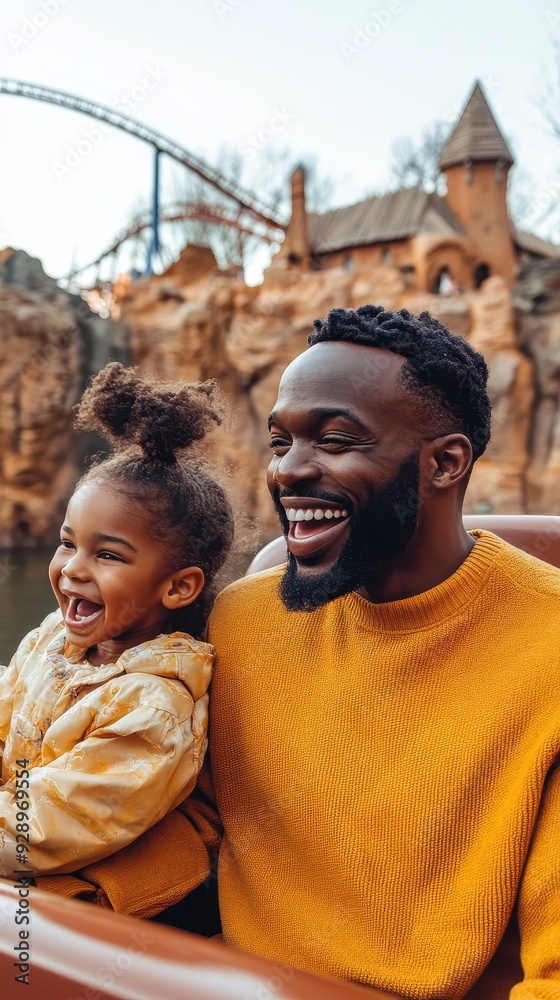A father and daughter laugh together while enjoying a ride at an amusement park on a beautiful autumn day A father and daughter laugh together while enjoying a ride at an amusement park on a beautiful autumn day