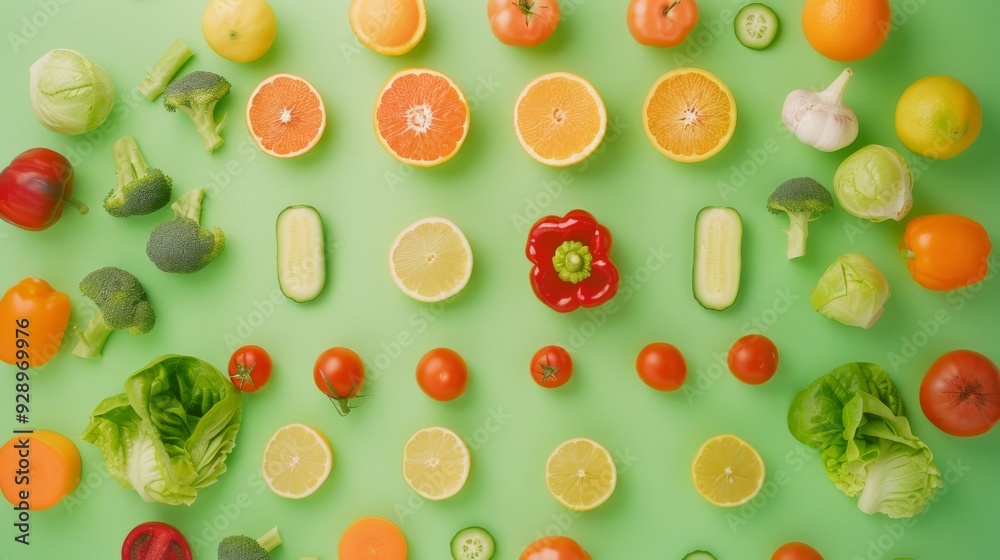 A fresh, colorful array of citrus fruits and vegetables neatly arranged on a green background, showcasing the vibrant diversity of healthy produce. A fresh, colorful array of citrus fruits and vegetables neatly arranged on a green background, showcasing the vibrant diversity of healthy produce.