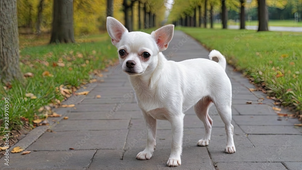 Fawn smooth coat chihuahua dog walking in the park