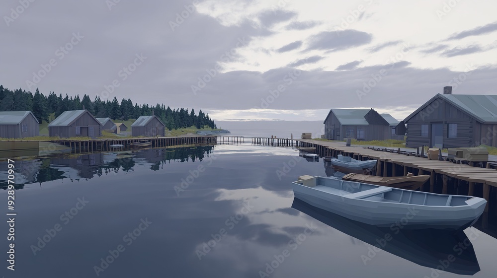 Obraz premium Tranquil waterfront village with wooden houses and boats at dawn
