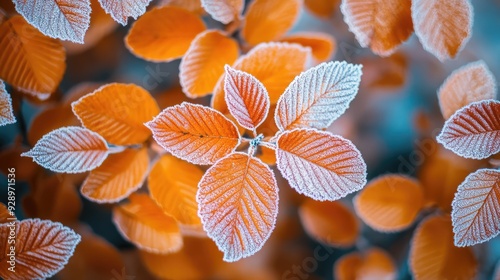 Beautiful frosted orange leaves in late autumn or early winter, showcasing vibrant seasonal colors, natural texture, and a serene cold morning atmosphere. AI generated illustration.