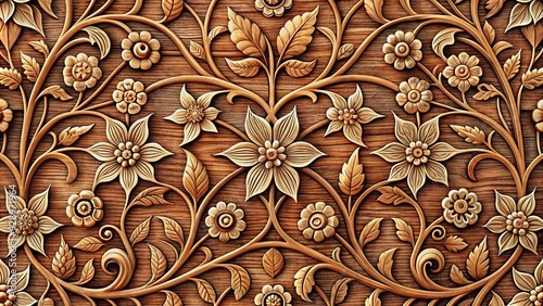 Intricate wooden texture background with repeating ornate vector patterns of interlocking flowers, leaves, and vines in a vintage-inspired, earthy color palette. photo