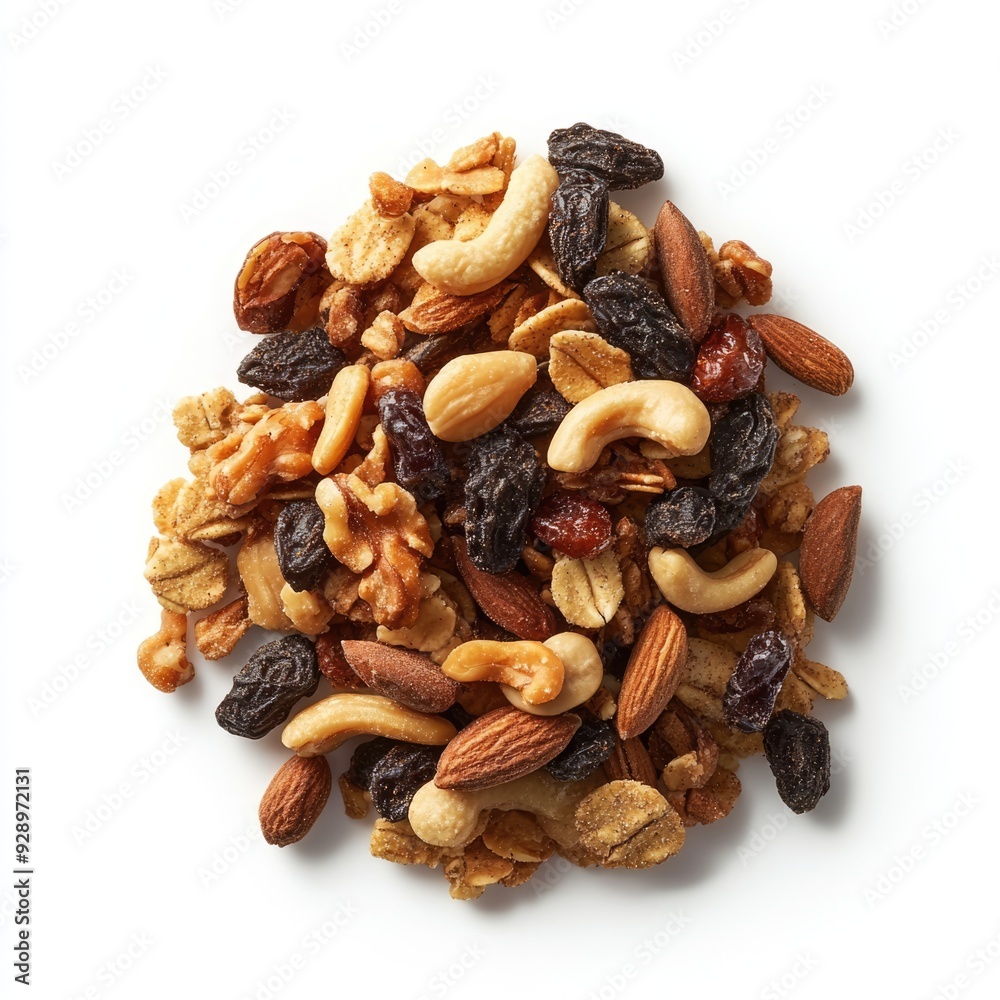 A Close-Up of a Trail Mix with Almonds, Cashews, Walnuts, and Raisins A Close-Up of a Trail Mix with Almonds, Cashews, Walnuts, and Raisins