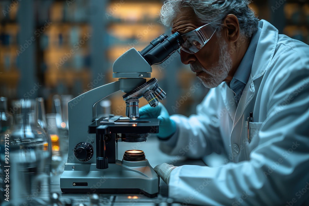 Scientist with microscope in a modern lab. Scientist with microscope in a modern lab.