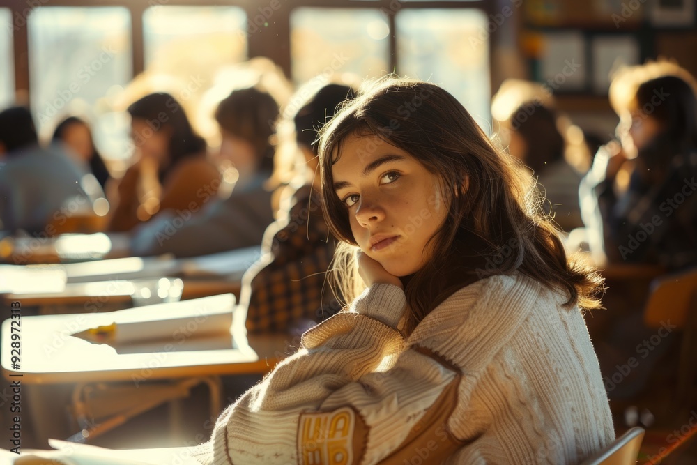 A thoughtful young girl sits in a classroom filled with students. The ...