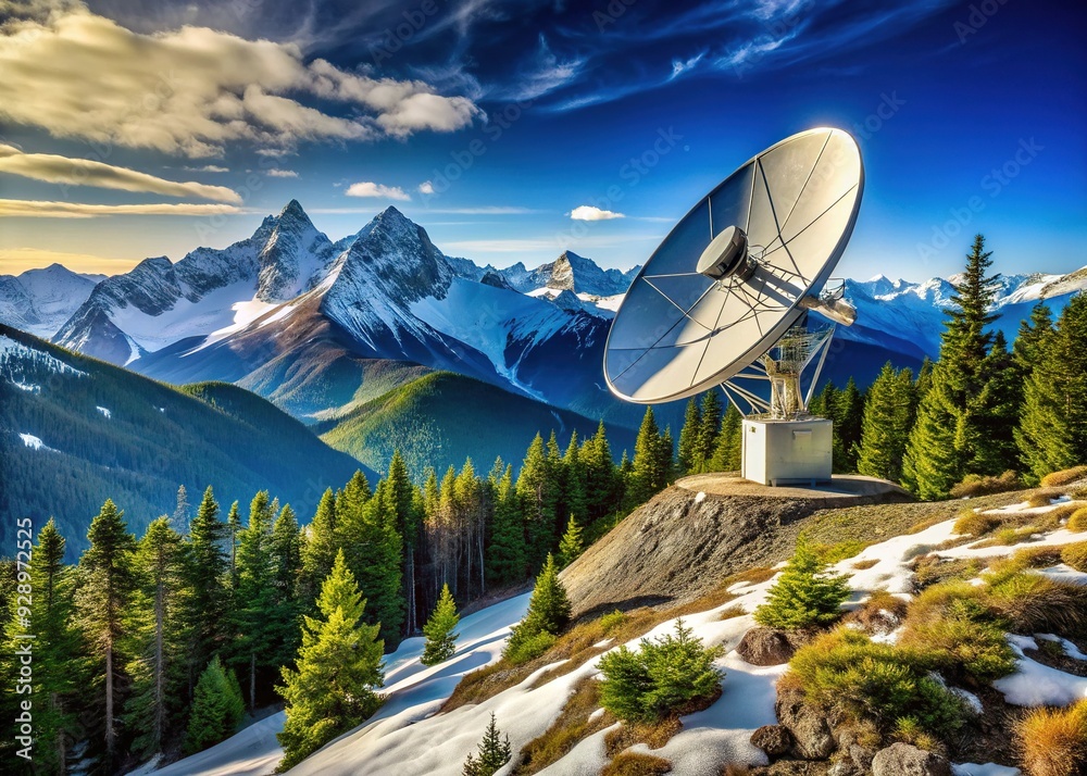 Isoalted satellite dish stands atop a rugged mountain peak, surrounded by snow-capped ridges and evergreen trees, under a clear blue sky with wispy clouds. Isoalted satellite dish stands atop a rugged mountain peak, surrounded by snow-capped ridges and evergreen trees, under a clear blue sky with wispy clouds.