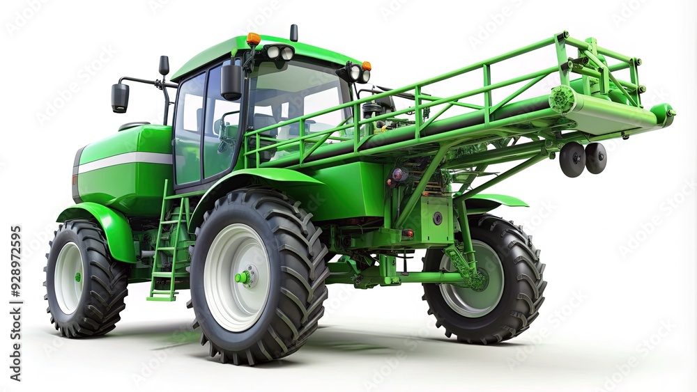 Obraz premium Isolated 3D illustration of a modern farm sprayer machine with sleek design and vibrant green color, set against a clean white background, highlighting agriculture technology.