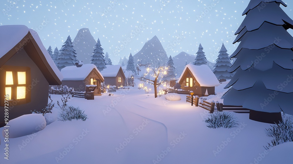 Fototapeta premium Snowy winter village at dusk with illuminated cottages and falling snowflakes in a serene landscape