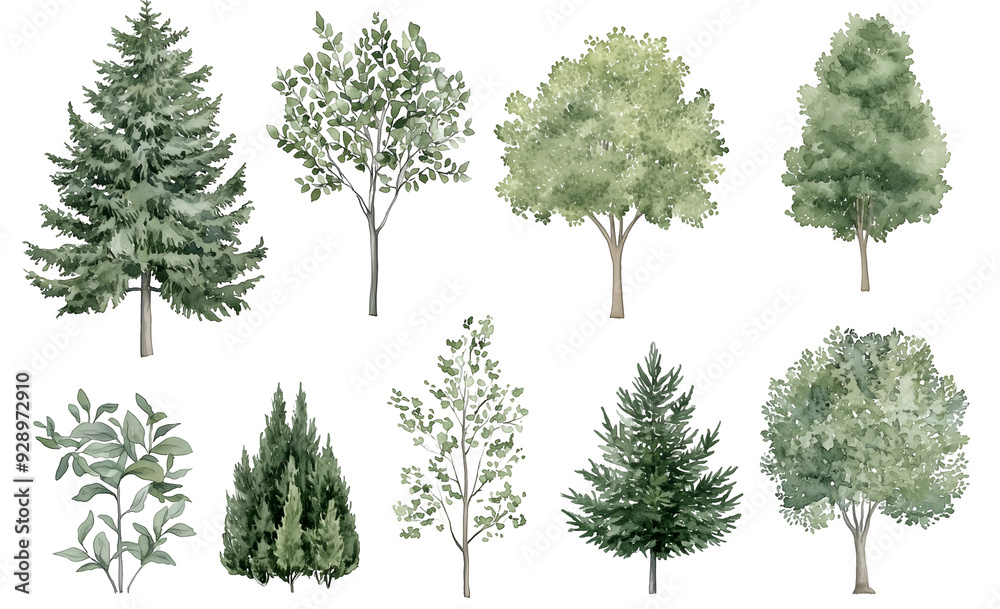 Fototapeta premium Watercolor Tree Illustrations Featuring a Variety of Green Foliage and Evergreen Trees