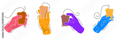 Hand holding paper coffee cup. Stylized colorful art illustration in flat minimal style. Set bright vector elements.
