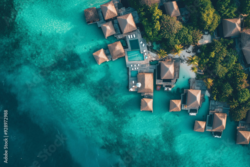 Aerial view of beach house with clear sea water, Landscape view of beach hut with raft and swimming pool. 