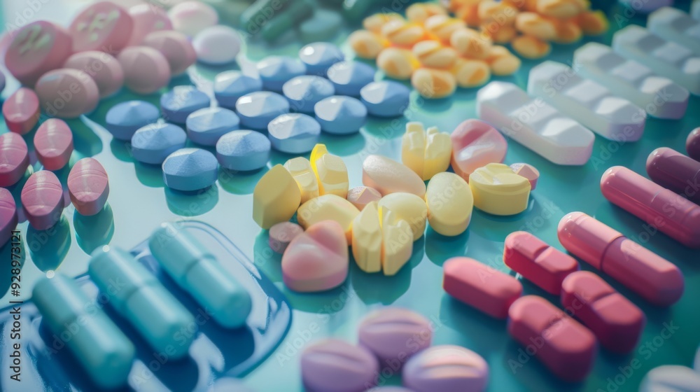 A vibrant array of colorful pills and capsules scattered on a reflective surface, demonstrating a diverse assortment of medication. A vibrant array of colorful pills and capsules scattered on a reflective surface, demonstrating a diverse assortment of medication.