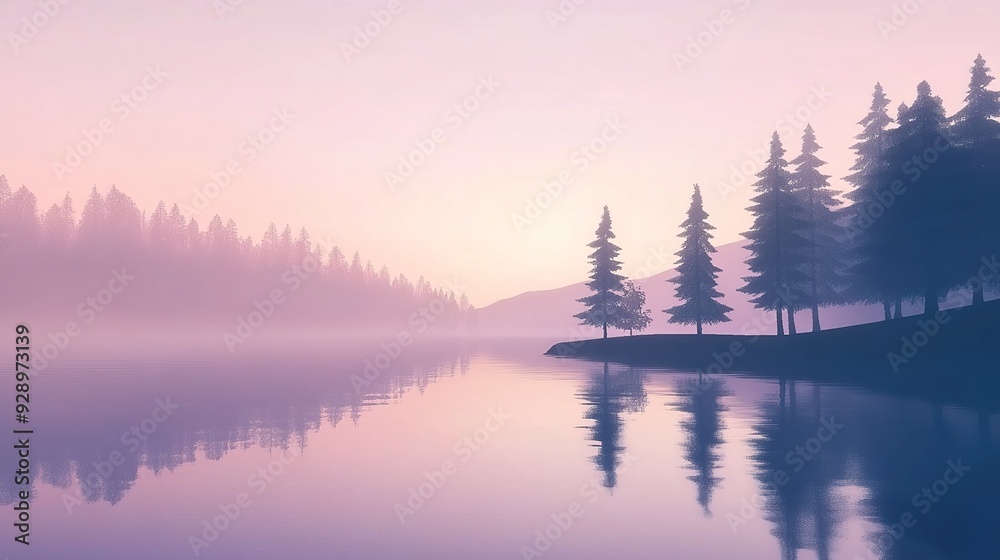 Serene dawn at a misty lake surrounded by tall pine trees in the early morning light Serene dawn at a misty lake surrounded by tall pine trees in the early morning light