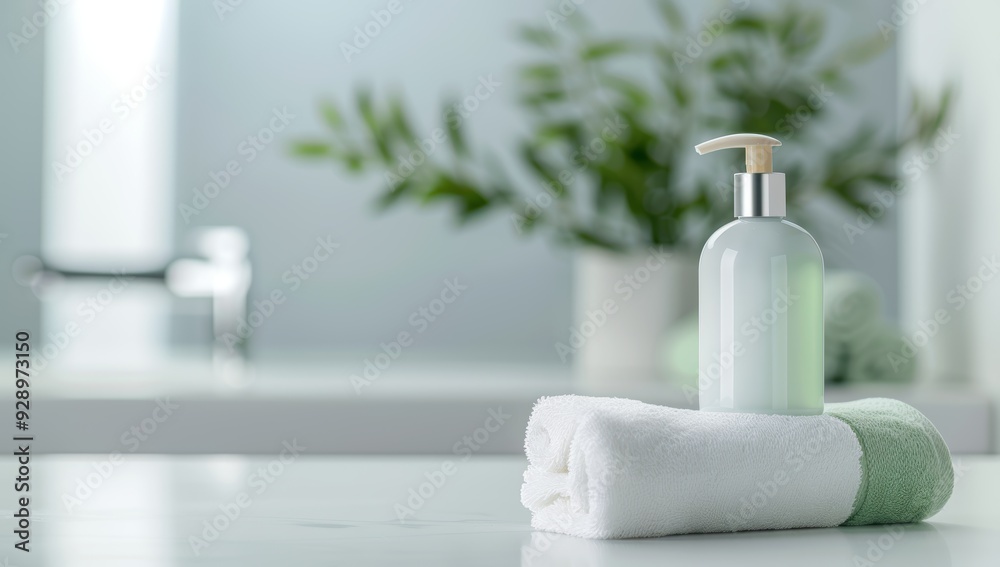 white marble bathroom counter had towels and a green soap bottle on the right, in a close up shot white marble bathroom counter had towels and a green soap bottle on the right, in a close up shot