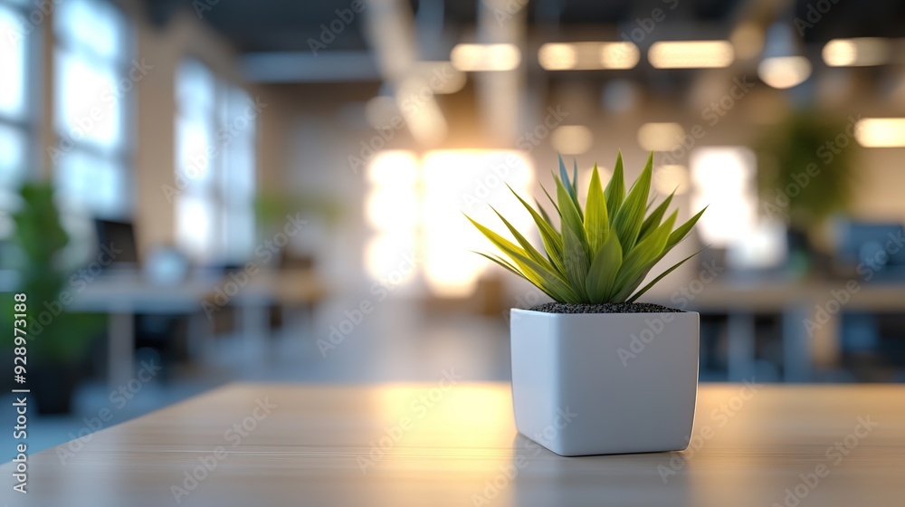 Modern Office Plant: A small succulent in a white pot sits on a wooden desk in a bright, modern office. Modern Office Plant: A small succulent in a white pot sits on a wooden desk in a bright, modern office.