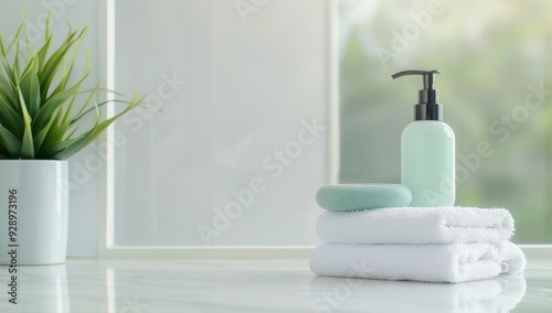 white marble bathroom counter had towels and a green soap bottle on the right, in a close up shot