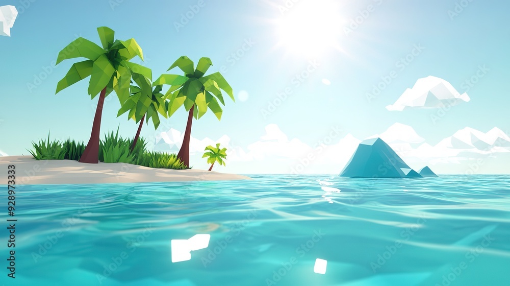 Tropical beach with low-poly palm trees and serene turquoise water under a bright sun Tropical beach with low-poly palm trees and serene turquoise water under a bright sun