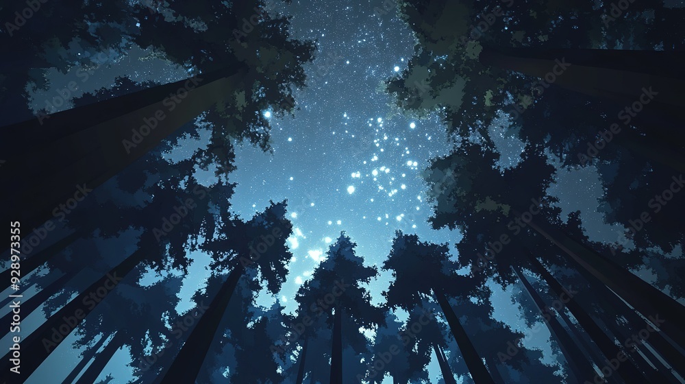 Obraz premium A serene night sky illuminated by stars seen through tall forest trees