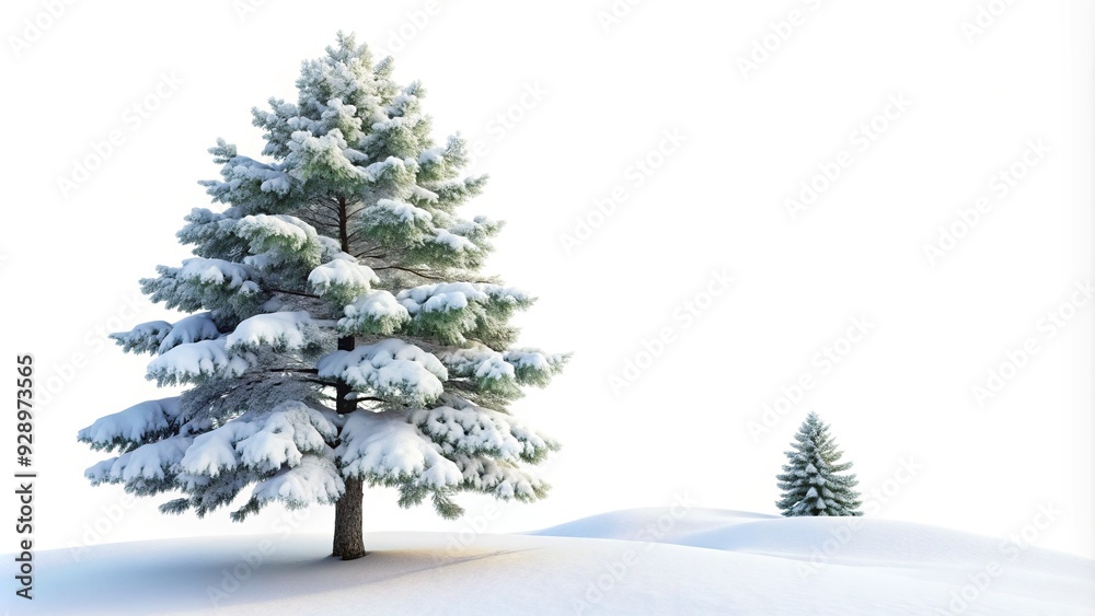 Obraz premium Isolated pine tree with snow-covered branches stands tall against a pure white background, evoking a sense of serenity and winter wonderland magic.
