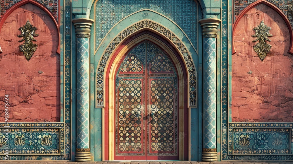 Obraz premium Ornately designed blue and red door with intricate patterns at a historical building
