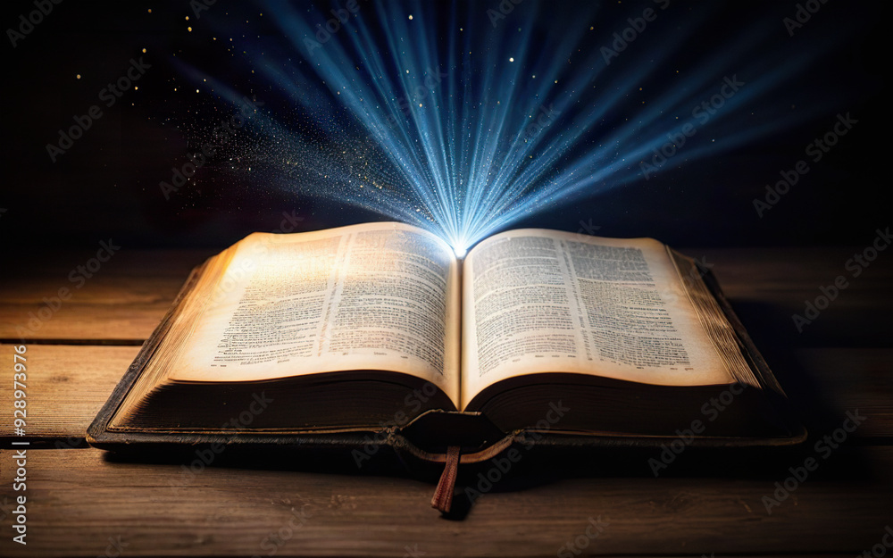 Fototapeta premium open bible and mystical rays of light