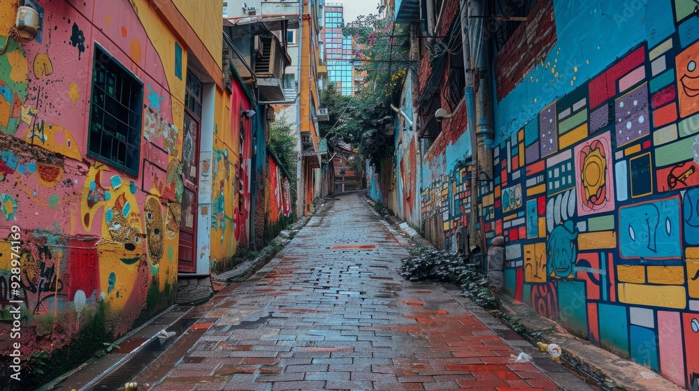 Naklejka premium Colorful street art adorns narrow alleyway in urban area after rain