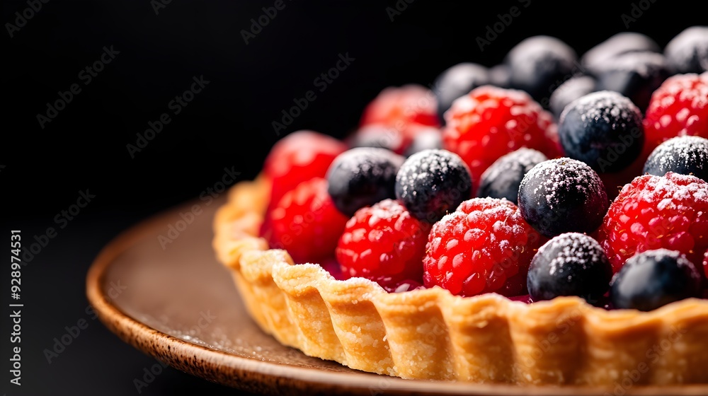 A close-up of a tart with fresh berries, dusted with powdered sugar and served on a rustic plate A close-up of a tart with fresh berries, dusted with powdered sugar and served on a rustic plate