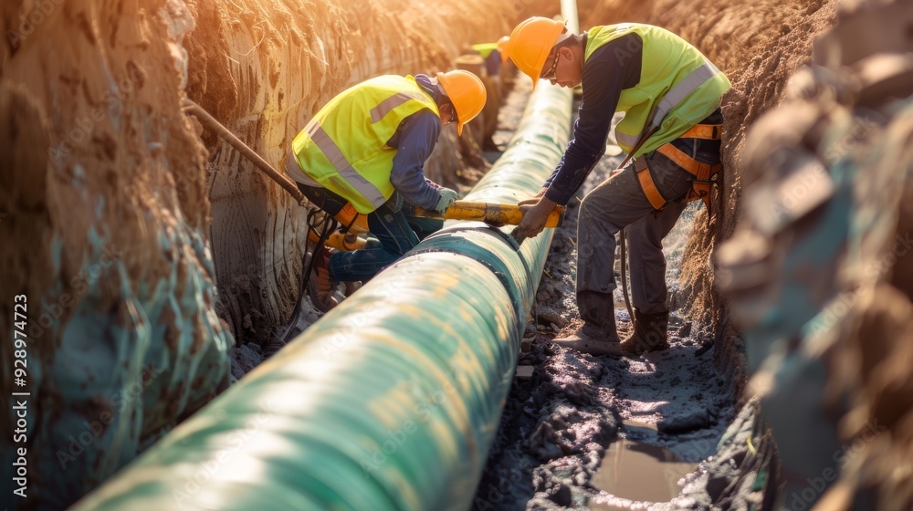 Workers in safety gear meticulously install a pipeline in a muddy trench, reflecting dedication and precision in challenging conditions. Workers in safety gear meticulously install a pipeline in a muddy trench, reflecting dedication and precision in challenging conditions.