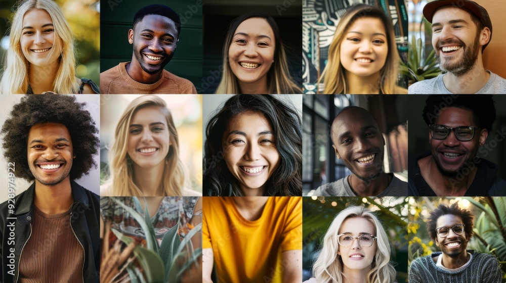 A grid of diverse, smiling individuals, each radiating positivity and warmth, representing unity and happiness across different backgrounds. A grid of diverse, smiling individuals, each radiating positivity and warmth, representing unity and happiness across different backgrounds.