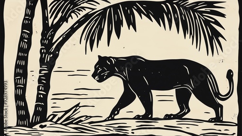 Black Panther in a Tropical Jungle: A Vintage Woodcut Illustration photo