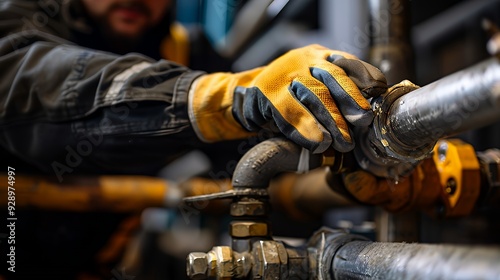 Close-up of a worker's hand in a yellow glove working on a pipe.