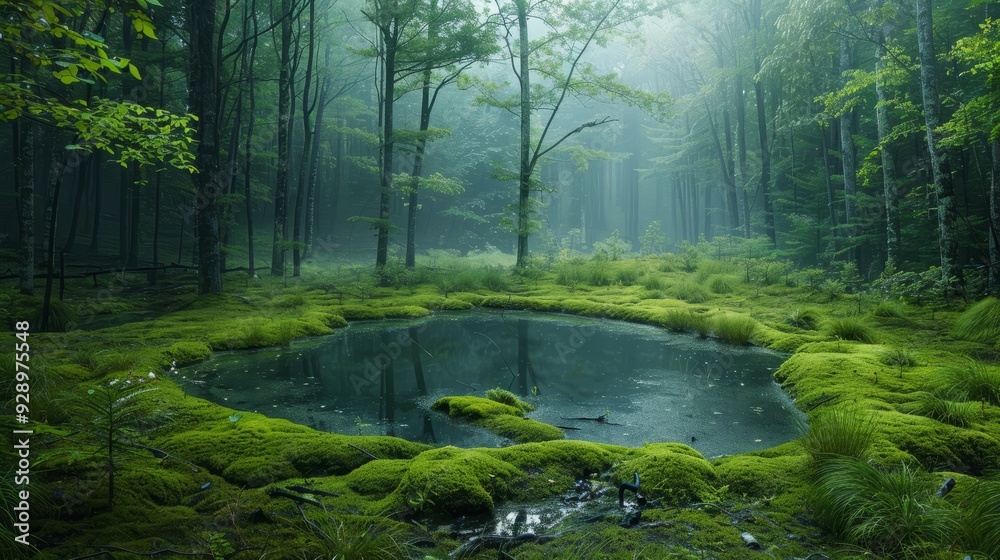 Obraz premium Misty forest with a tranquil pond surrounded by lush green moss and trees