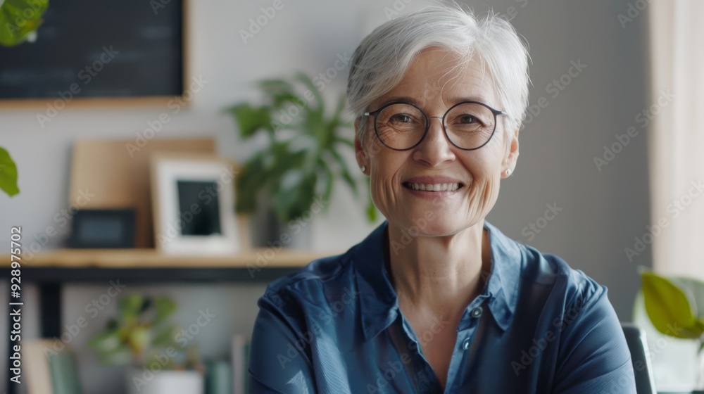 Elderly woman with glasses smiling warmly, surrounded by indoor plants and a tidy, well-decorated background. Elderly woman with glasses smiling warmly, surrounded by indoor plants and a tidy, well-decorated background.